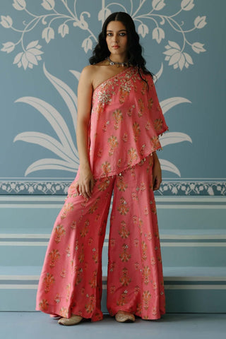 Elena Pink Printed Off-Shoulder Top And Pants by Gopi Vaid, available on Indiaspopup.com