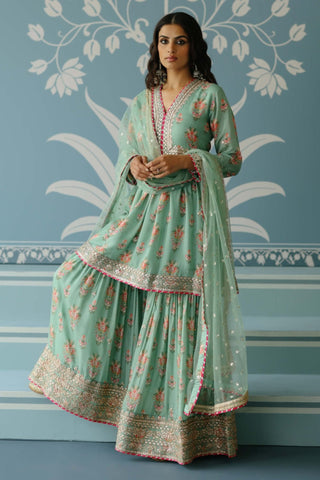 Samiksha Mint Peplum Sharara Set by Gopi Vaid, available on Indiaspopup.com