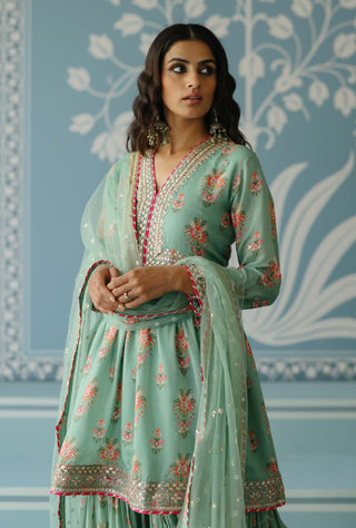 Samiksha Mint Peplum Sharara Set by Gopi Vaid, available on Indiaspopup.com