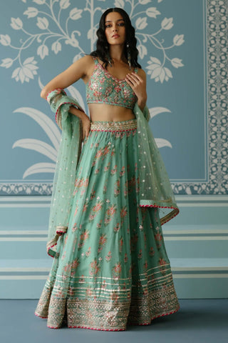 Malini Mint Lehenga Set by Gopi Vaid, available on Indiaspopup.com