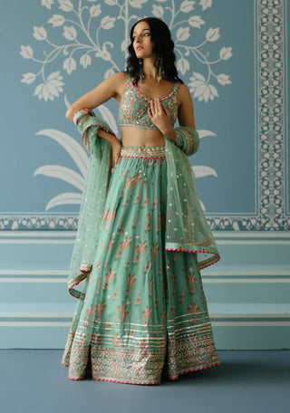 Malini Mint Lehenga Set by Gopi Vaid, available on Indiaspopup.com