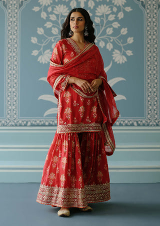 Sadhna Red Sharara Set by Gopi Vaid, available on Indiaspopup.com