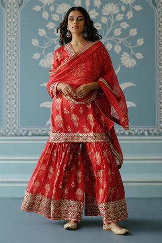 Sadhna Red Sharara Set by Gopi Vaid, available on Indiaspopup.com