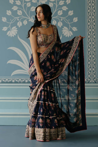 Mahira Navy Sari And Blouse by Gopi Vaid, available on Indiaspopup.com