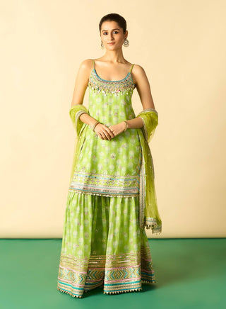 Lime green embroidered strappy sharara set