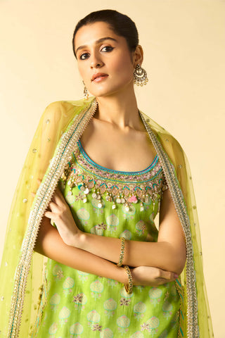 Lime green embroidered strappy sharara set