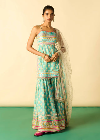Aqua ivory print sharara set