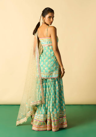 Aqua ivory print sharara set