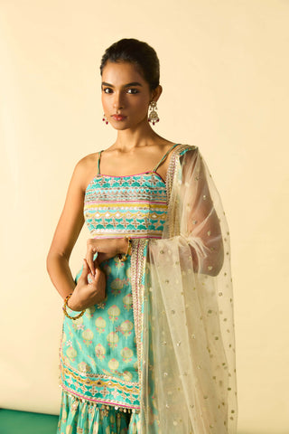 Aqua ivory print sharara set