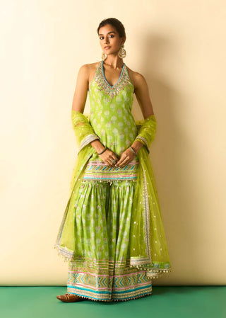 Lime green gold booti halter sharara set
