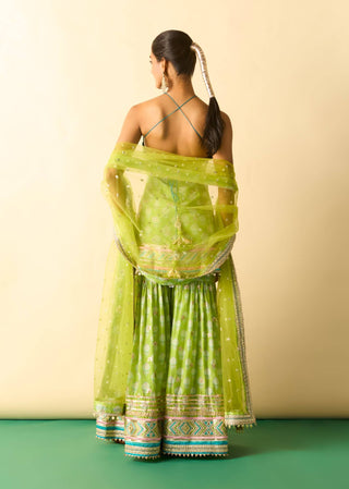 Lime green gold booti halter sharara set