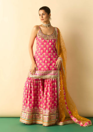 Pink embroidered strappy sharara set