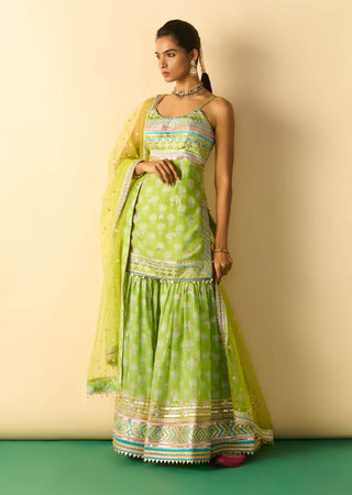 Lime green ivory print sharara set