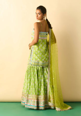 Lime green ivory print sharara set