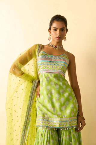 Lime green ivory print sharara set