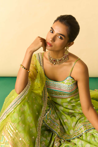Lime green ivory print sharara set