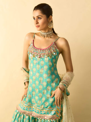 Aqua embroidered strappy sharara set