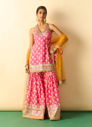 Rani pink gold booti halter sharara set