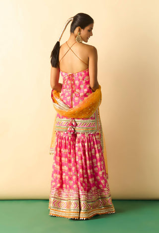 Rani pink gold booti halter sharara set