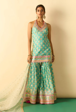 Aqua gold booti halter sharara set