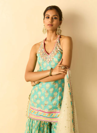 Aqua gold booti halter sharara set