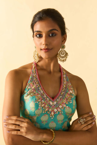Aqua gold booti halter sharara set
