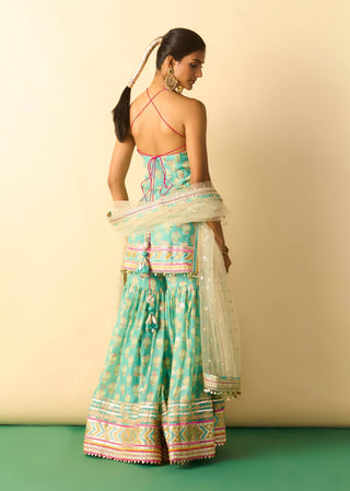 Aqua gold booti halter sharara set