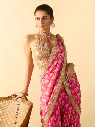 Rani pink ivory polka dot sari and blouse