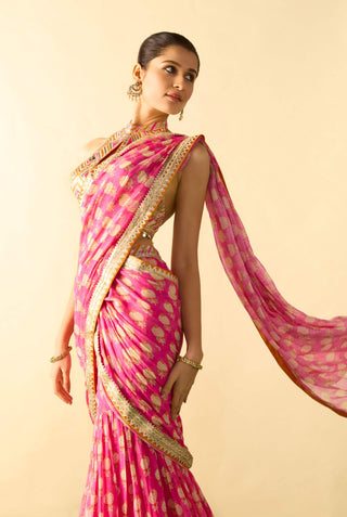 Rani pink ivory polka dot sari and blouse