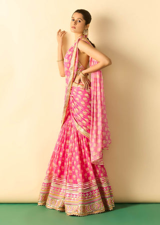 Rani pink ivory polka dot sari and blouse