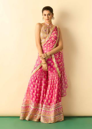 Rani pink ivory polka dot sari and blouse