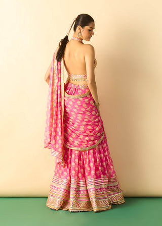 Rani pink ivory polka dot sari and blouse