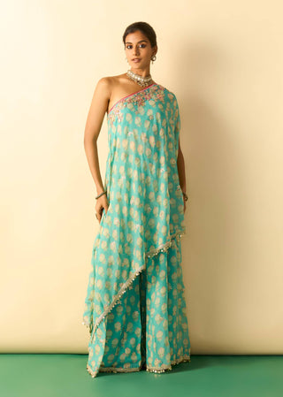 Aqua floral foil asymmetric tunic and palazzo