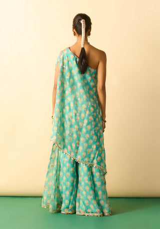 Aqua floral foil asymmetric tunic and palazzo
