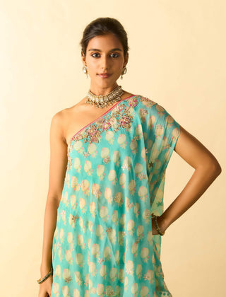 Aqua floral foil asymmetric tunic and palazzo