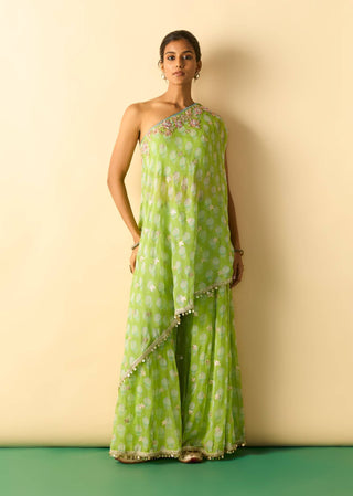 Lime green floral foil asymmetric tunic and palazzo