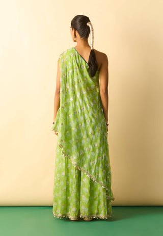 Lime green floral foil asymmetric tunic and palazzo