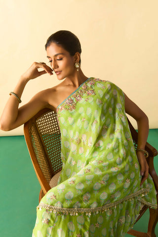 Lime green floral foil asymmetric tunic and palazzo
