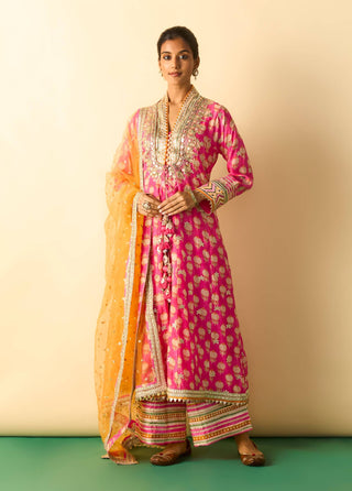 Rani pink embroidered fusion anarkali jacket set