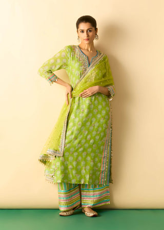 Lime green gold booti striped festive kurta set