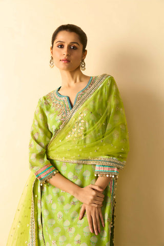 Lime green gold booti striped festive kurta set