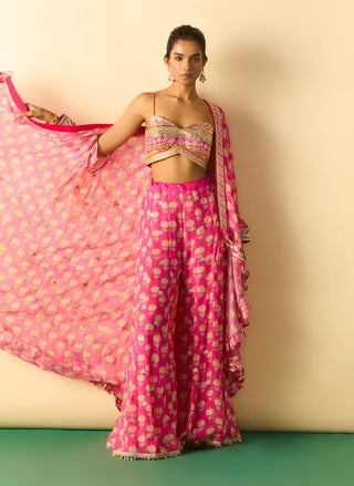 Rani pink gold booti brocade cape sharara set