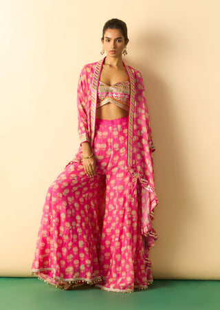 Rani pink gold booti brocade cape sharara set
