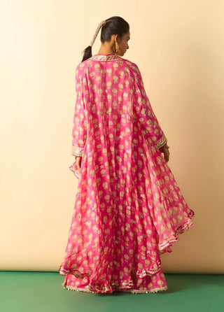 Rani pink gold booti brocade cape sharara set