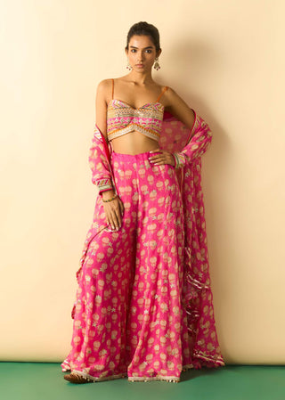Rani pink gold booti brocade cape sharara set