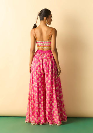 Rani pink gold booti brocade cape sharara set