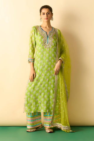 Lime green gold booti striped festive kurta set