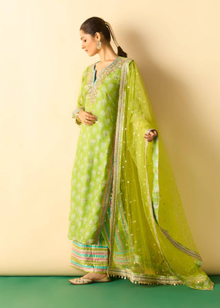 Lime green gold booti striped festive kurta set