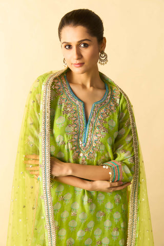 Lime green gold booti striped festive kurta set