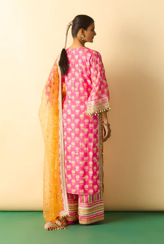 Rani pink gold booti striped festive kurta set